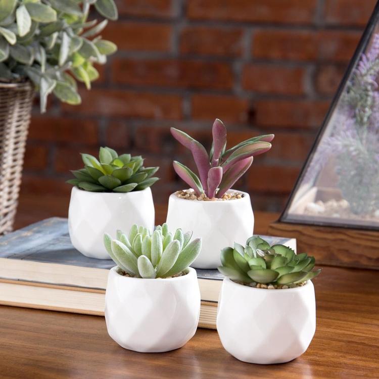 Mini Artificial Succulent Plants in Geometric Ceramic Planter Pots, Set of 4 - Mygiftss Enterprise LLC