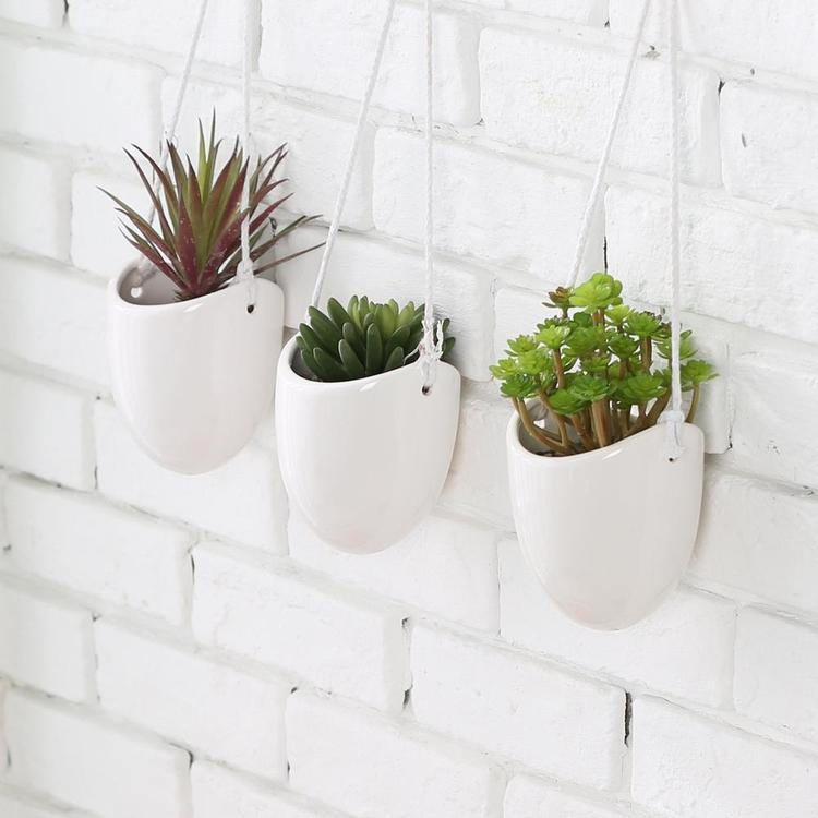 Modern Ceramic Hanging Succulent Planter Pots, Set of 3, White - Mygiftss