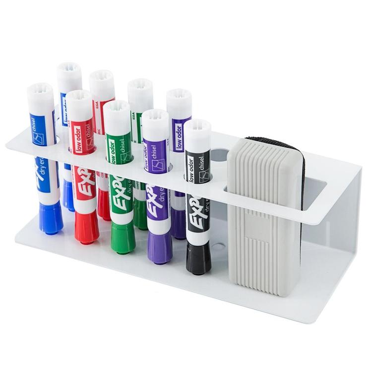 10-Slot Wall-Mounted Metal Dry Erase Marker and Eraser Holder Rack, White - Mygiftss Enterprise LLC