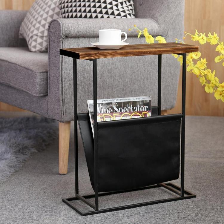 Modern Wood & Metal End Table with Magazine Holder Sling - Mygiftss