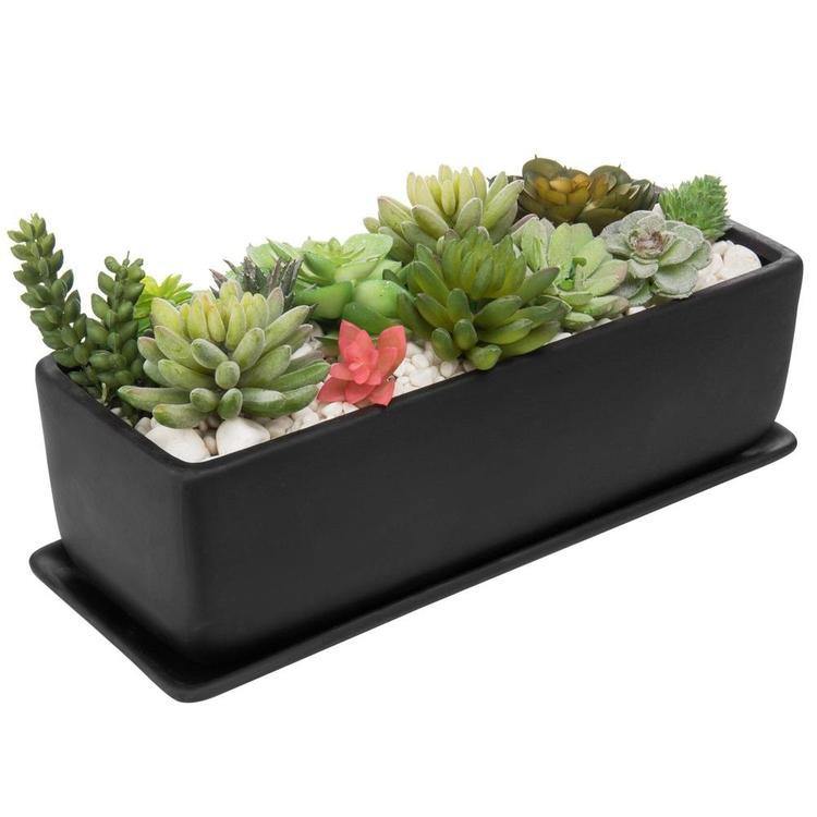 Rectangular Ceramic Succulent Planter with Saucer, Black - Mygiftss