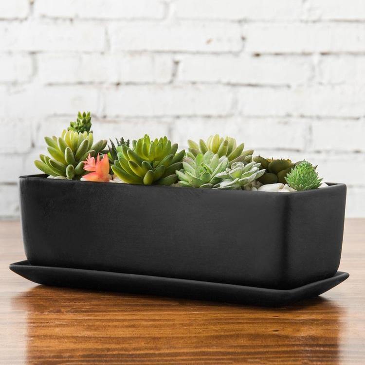 Rectangular Ceramic Succulent Planter with Saucer, Black - Mygiftss
