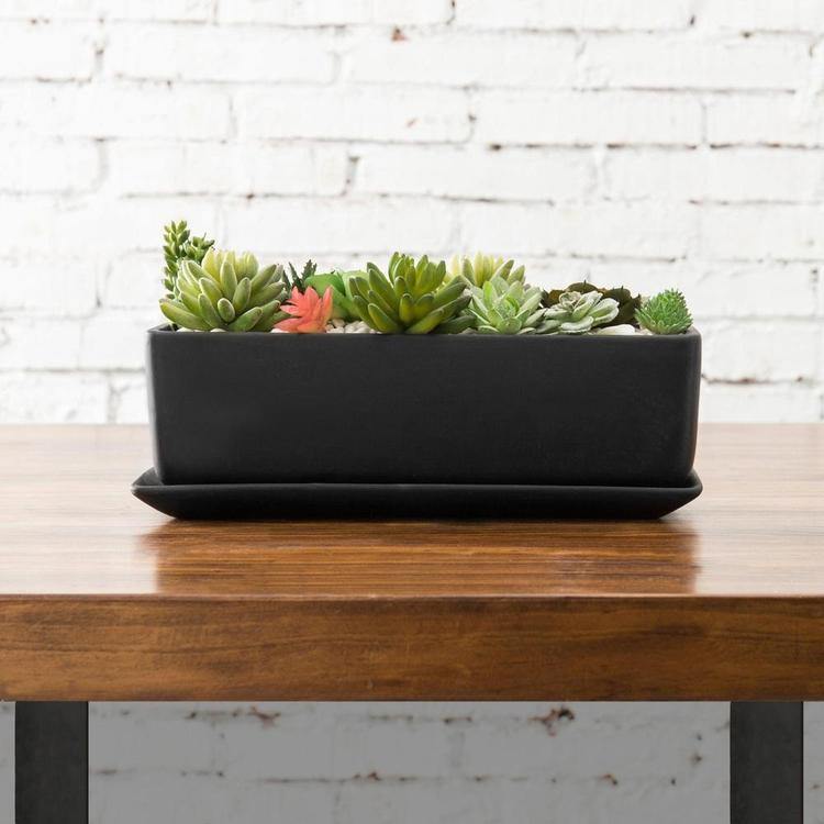 Rectangular Ceramic Succulent Planter with Saucer, Black - Mygiftss