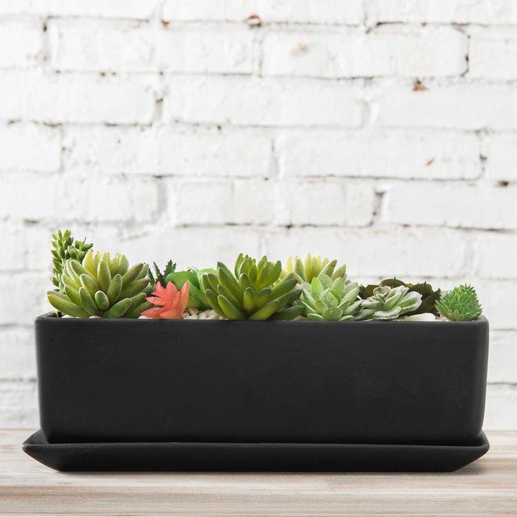 Rectangular Ceramic Succulent Planter with Saucer, Black - Mygiftss