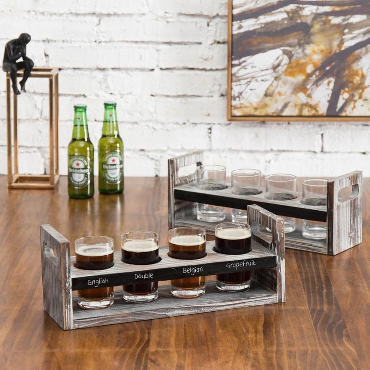 Set of 2 Torched Wood Beer Flight Serving Caddies with Chalkboard Panels & 4 Tasting Glasses - Mygiftss Enterprise LLC