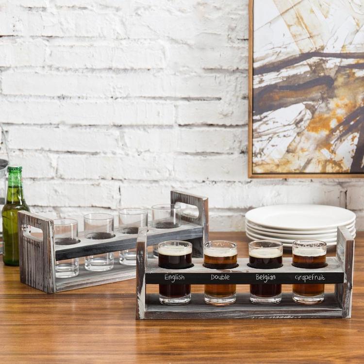 Set of 2 Torched Wood Beer Flight Serving Caddies with Chalkboard Panels & 4 Tasting Glasses - Mygiftss Enterprise LLC