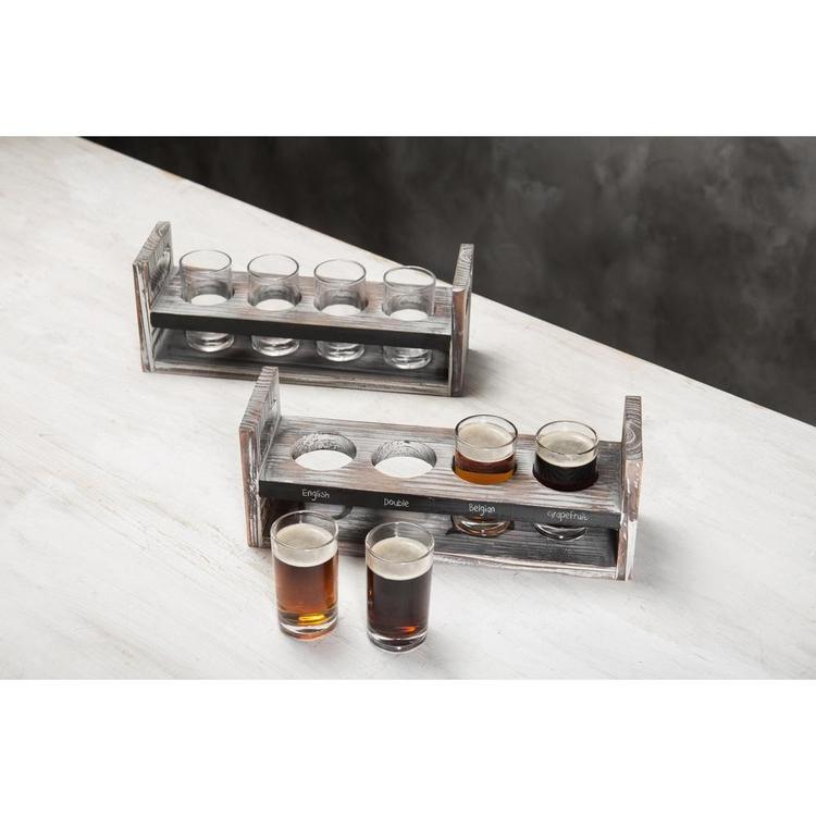 Set of 2 Torched Wood Beer Flight Serving Caddies with Chalkboard Panels & 4 Tasting Glasses - Mygiftss Enterprise LLC