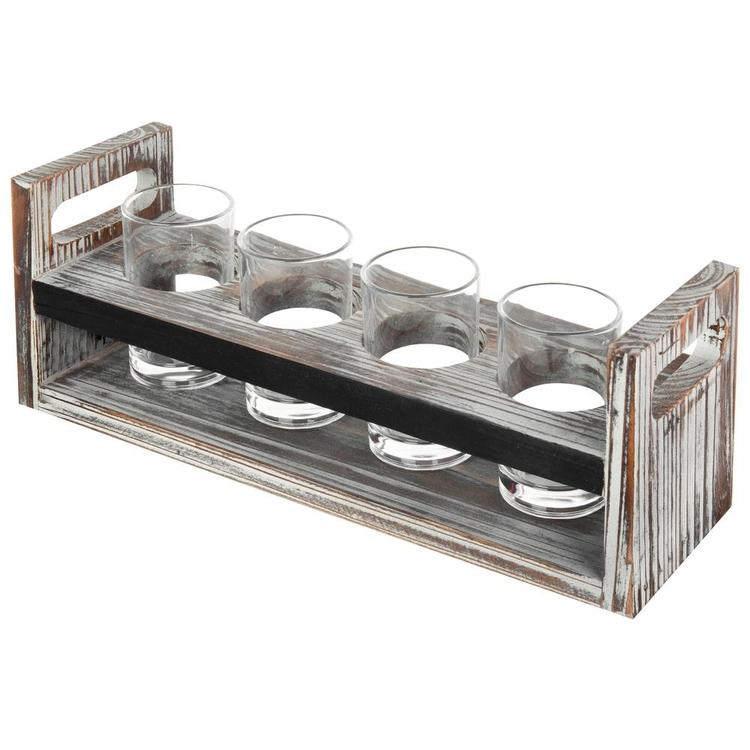 Set of 2 Torched Wood Beer Flight Serving Caddies with Chalkboard Panels & 4 Tasting Glasses - Mygiftss Enterprise LLC