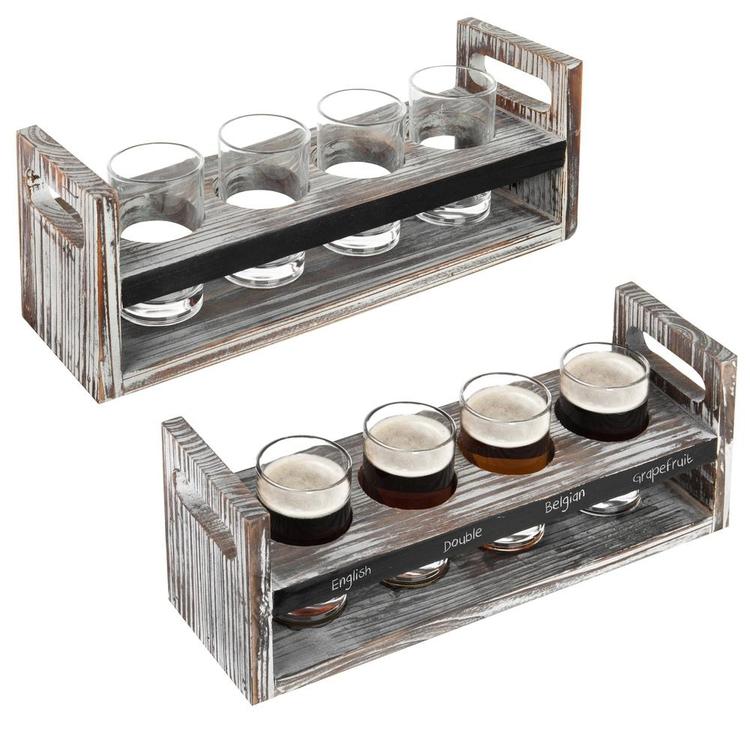 Set of 2 Torched Wood Beer Flight Serving Caddies with Chalkboard Panels & 4 Tasting Glasses - Mygiftss Enterprise LLC