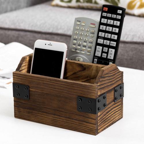 Rustic Dark Brown Burnt Solid Wood Remote Control Holder w/ Metal Accents - Mygiftss