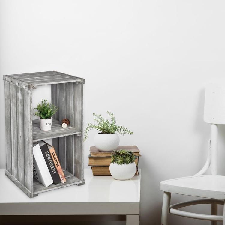 2 Tier Dark Gray Wood Crate Design Storage Shelf Organizer Cubby - Mygiftss Enterprise LLC