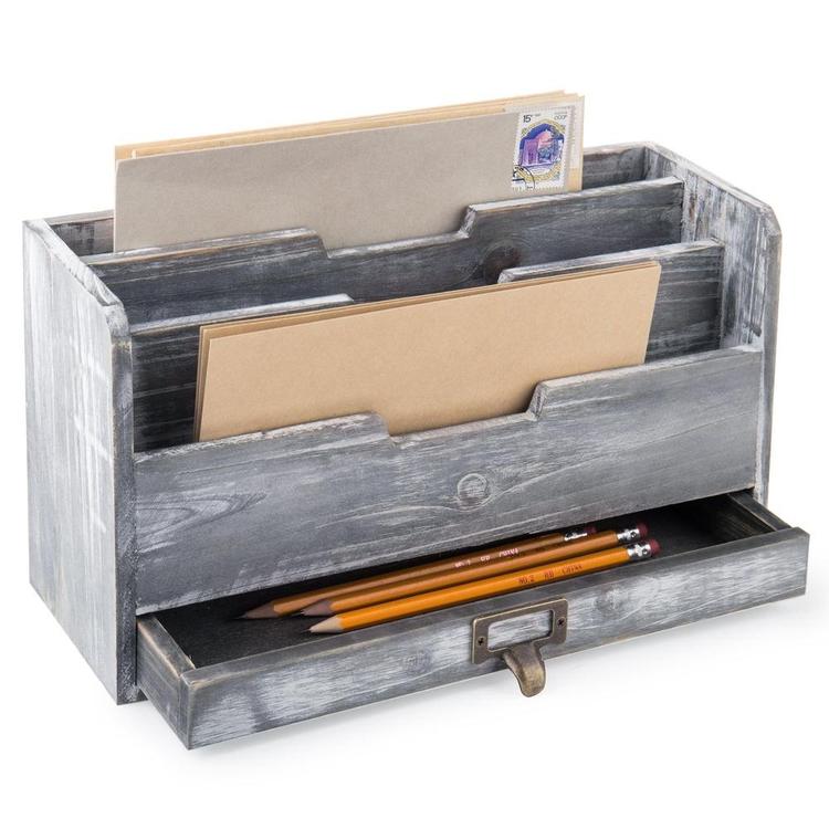 Rustic Gray Wood Desktop Mail Sorter with Pen & Pencil Drawer - Mygiftss Enterprise LLC