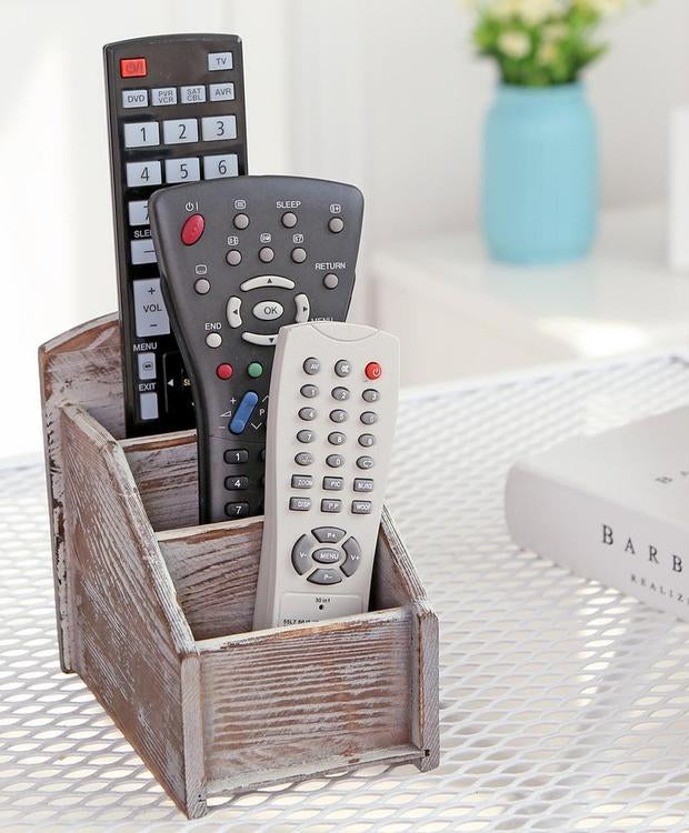 3 Slot Rustic Wood Remote Control Caddy / Office Supply Storage Rack, Brown - Mygiftss Enterprise LLC
