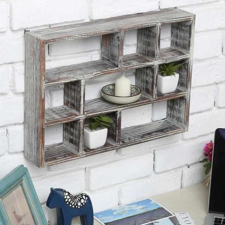 9-Compartment Rustic Wood Freestanding & Wall Mountable Shadow Box Display Shelf - Mygiftss Enterprise LLC