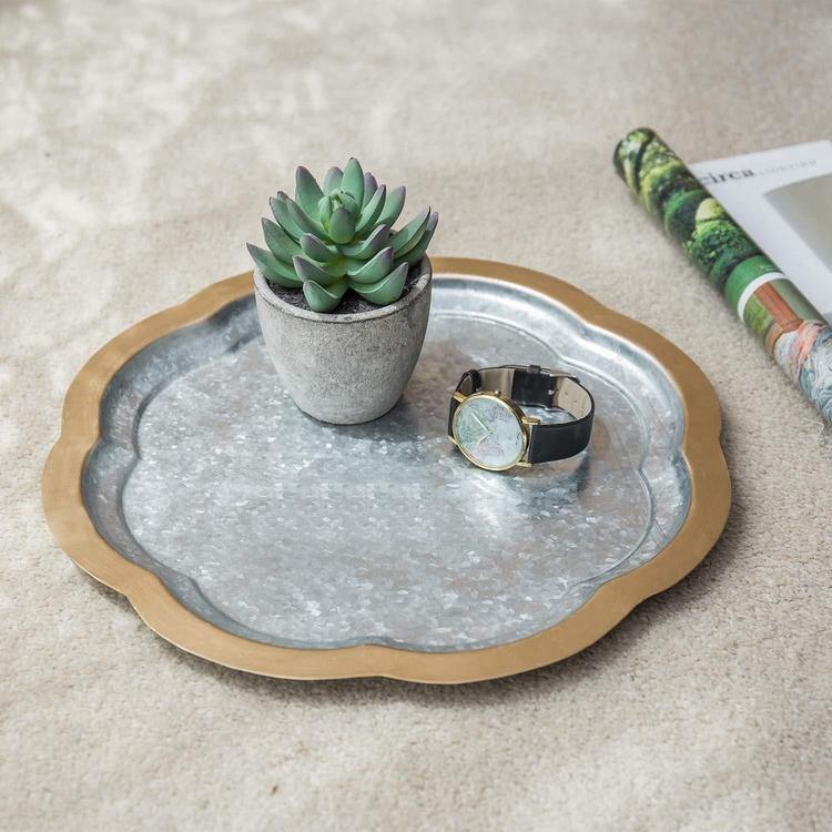 Scalloped Design Galvanized Metal Tray with Brass-Tone Rim - Mygiftss