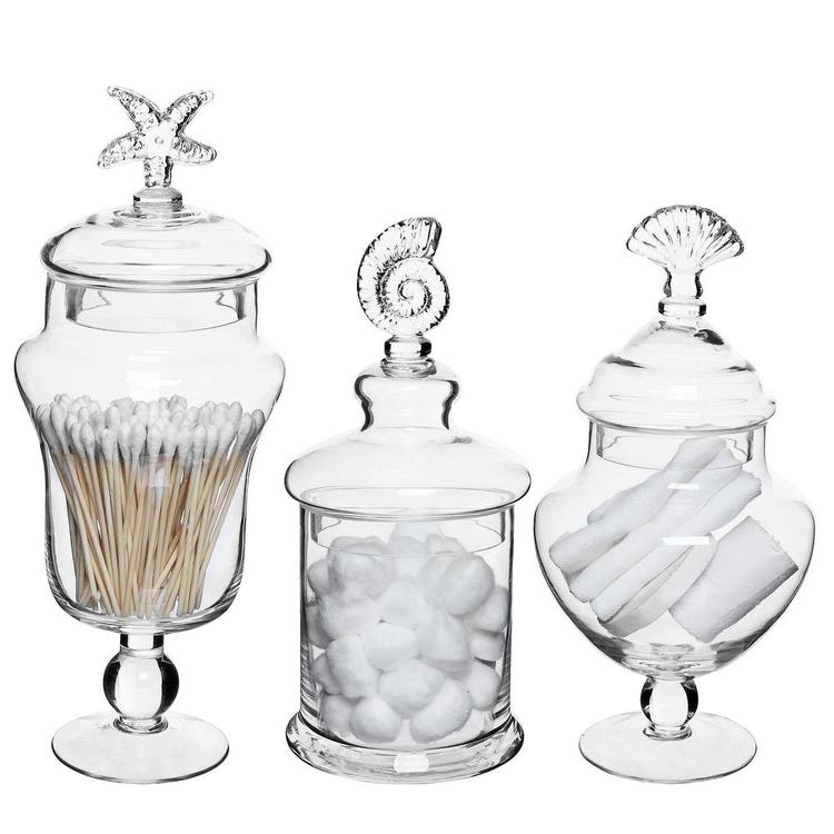 Seashell Handle Clear Glass Apothecary Jars / Food Storage Canisters, Set of 3 - Mygiftss Enterprise LLC