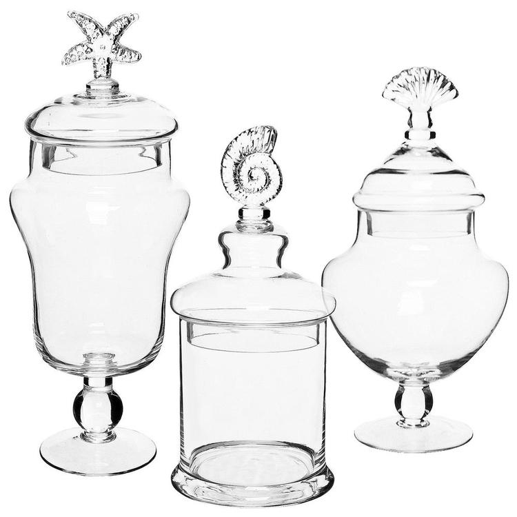 Seashell Handle Clear Glass Apothecary Jars / Food Storage Canisters, Set of 3 - Mygiftss Enterprise LLC