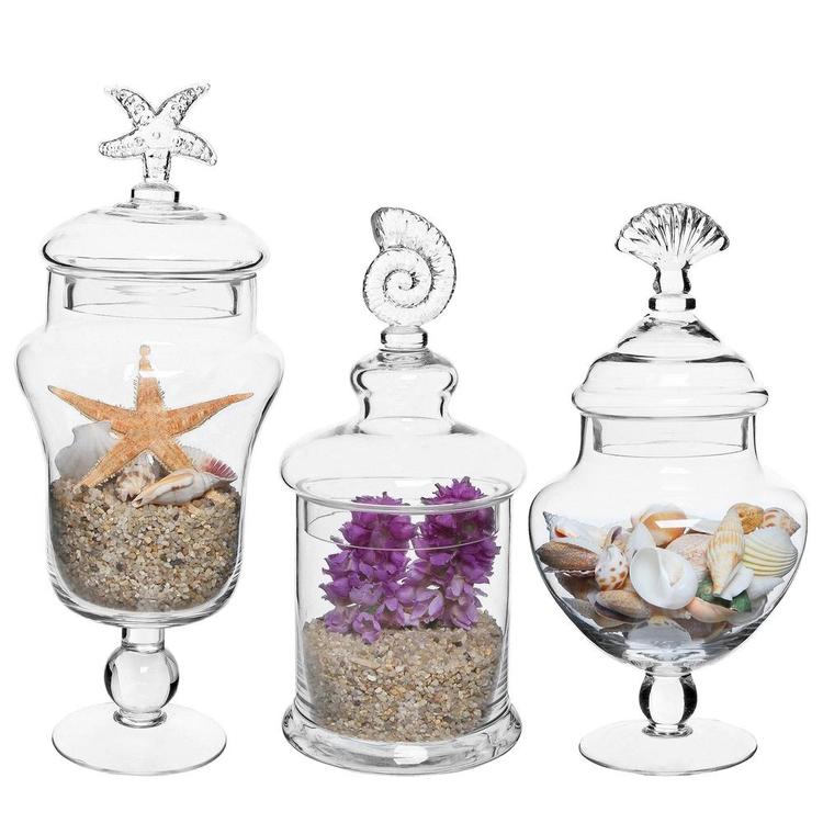 Seashell Handle Clear Glass Apothecary Jars / Food Storage Canisters, Set of 3 - Mygiftss Enterprise LLC
