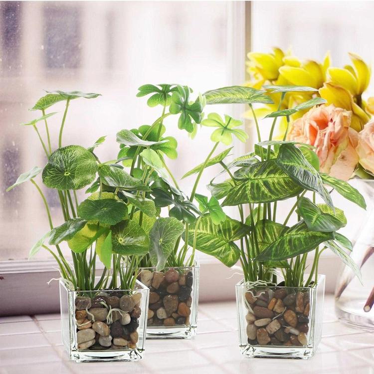Set of 3 Artificial Plants, Faux Tabletop Greenery w/ Clear Glass Pots - Mygiftss Enterprise LLC