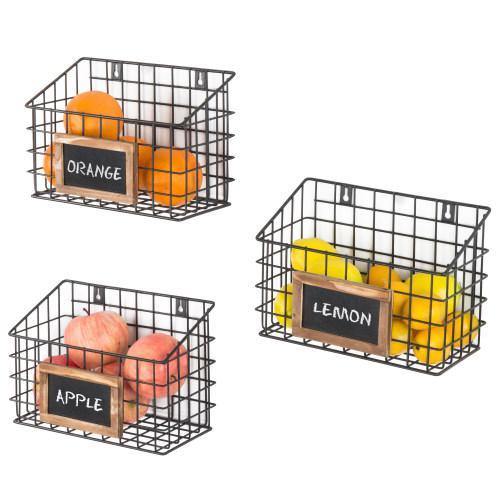 Set of 3 Wall-Mounted Rustic Wire Storage Baskets w/Chalkboard Labels - Mygiftss