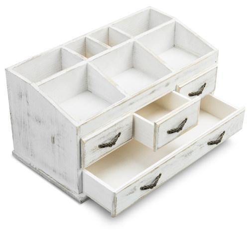 Shabby Whitewashed Solid Wood Vanity Organizer with Drawers - Mygiftss