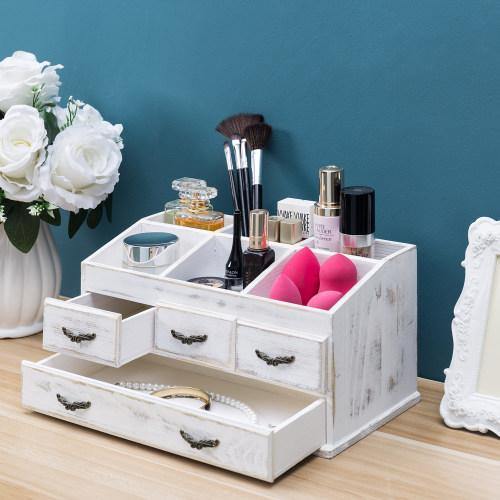Shabby Whitewashed Solid Wood Vanity Organizer with Drawers - Mygiftss
