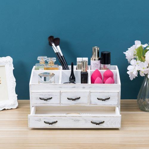 Shabby Whitewashed Solid Wood Vanity Organizer with Drawers - Mygiftss
