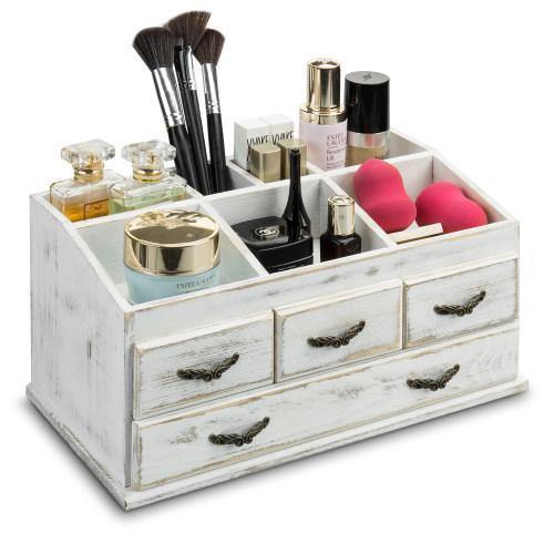 Shabby Whitewashed Solid Wood Vanity Organizer with Drawers - Mygiftss