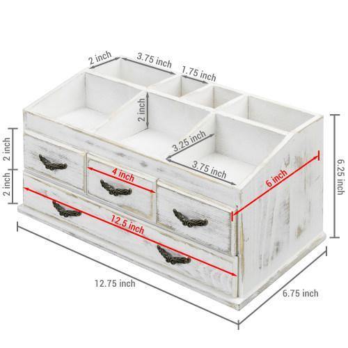 Shabby Whitewashed Solid Wood Vanity Organizer with Drawers - Mygiftss
