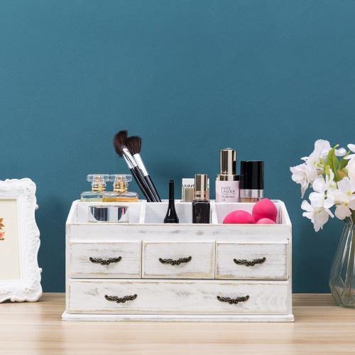 Shabby Whitewashed Solid Wood Vanity Organizer with Drawers - Mygiftss