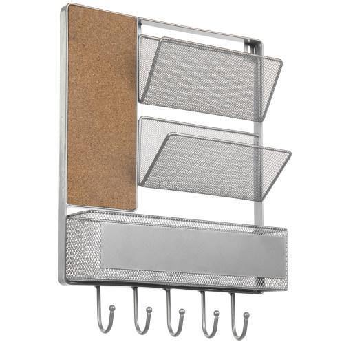 Silver Metal Mesh Organizer Rack with Mail Basket, Cork Board & Key Hooks - Mygiftss