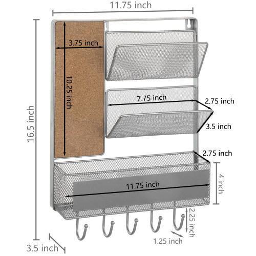 Silver Metal Mesh Organizer Rack with Mail Basket, Cork Board & Key Hooks - Mygiftss