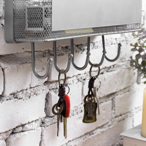 Silver Metal Mesh Organizer Rack with Mail Basket, Cork Board & Key Hooks - Mygiftss