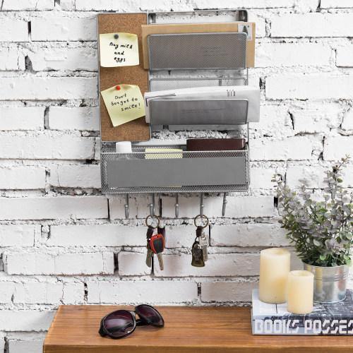Silver Metal Mesh Organizer Rack with Mail Basket, Cork Board & Key Hooks - Mygiftss