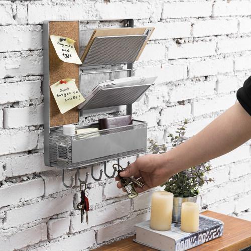 Silver Metal Mesh Organizer Rack with Mail Basket, Cork Board & Key Hooks - Mygiftss