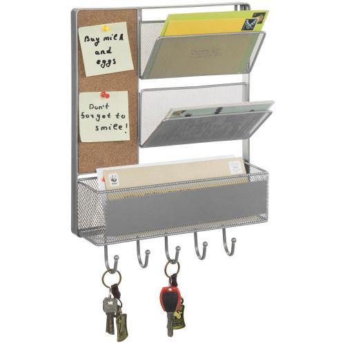 Silver Metal Mesh Organizer Rack with Mail Basket, Cork Board & Key Hooks - Mygiftss