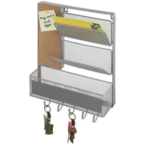 Silver Metal Mesh Organizer Rack with Mail Basket, Cork Board & Key Hooks - Mygiftss