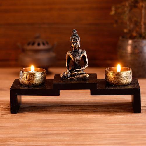 Mini Buddha Statue w/ Wood Base and 2 Tealight Holders - Mygiftss