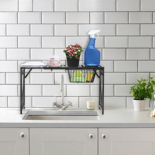 Black Metal Expandable Over-The-Sink Rack w/Pull-Out Drawer - Mygiftss