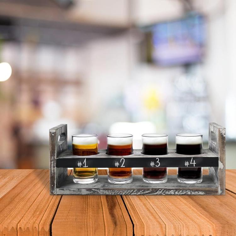 Torched Wood 5 pc Craft Beer Flight Tasting Serving Set with 4 Glasses & Chalkboard Panel - Mygiftss Enterprise LLC