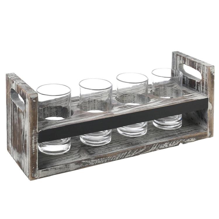 Torched Wood 5 pc Craft Beer Flight Tasting Serving Set with 4 Glasses & Chalkboard Panel - Mygiftss Enterprise LLC