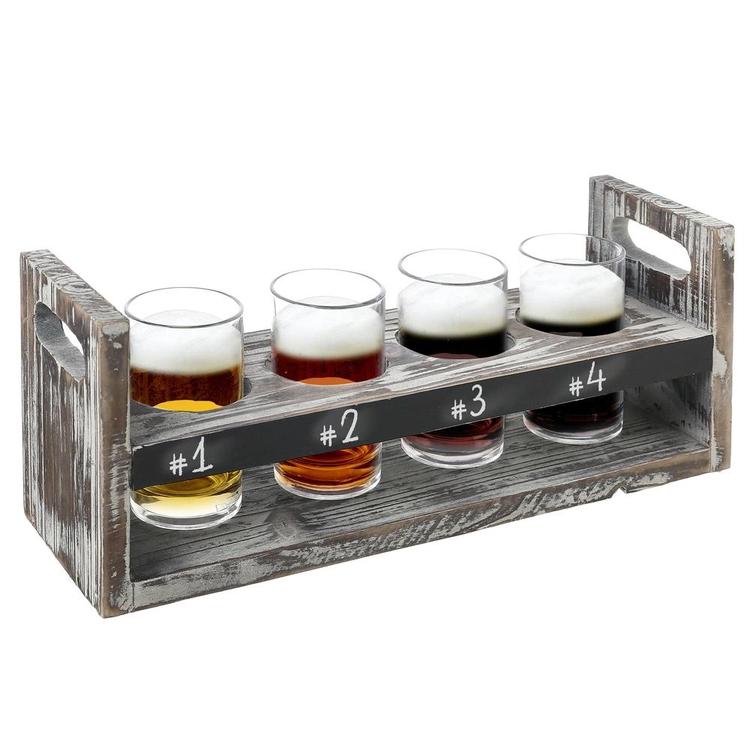 Torched Wood 5 pc Craft Beer Flight Tasting Serving Set with 4 Glasses & Chalkboard Panel - Mygiftss Enterprise LLC