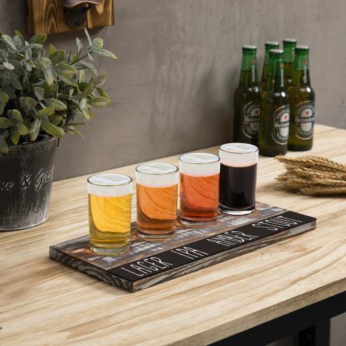 Torched Wood Beer Flight Tray with 4 Glasses & Chalkboard Panel - Mygiftss
