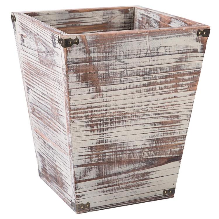 Farmhouse Torched Wood Square Wastebasket Bin with Decorative Metal Brackets - Mygiftss Enterprise LLC
