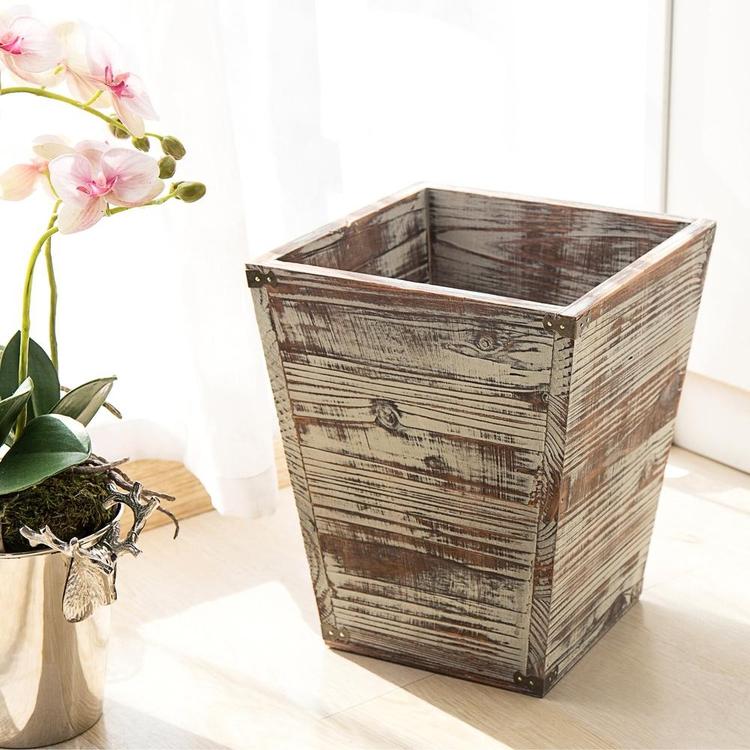 Farmhouse Torched Wood Square Wastebasket Bin with Decorative Metal Brackets - Mygiftss Enterprise LLC