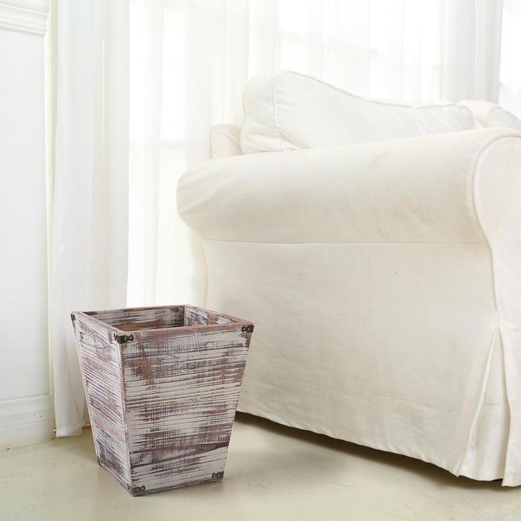 Farmhouse Torched Wood Square Wastebasket Bin with Decorative Metal Brackets - Mygiftss Enterprise LLC