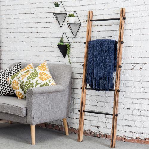 Urban Rustic Wall-Leaning Wood & Metal Blanket Ladder - Mygiftss