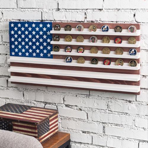 Vintage American Flag Solid Wood Challenge Coin Display - Mygiftss
