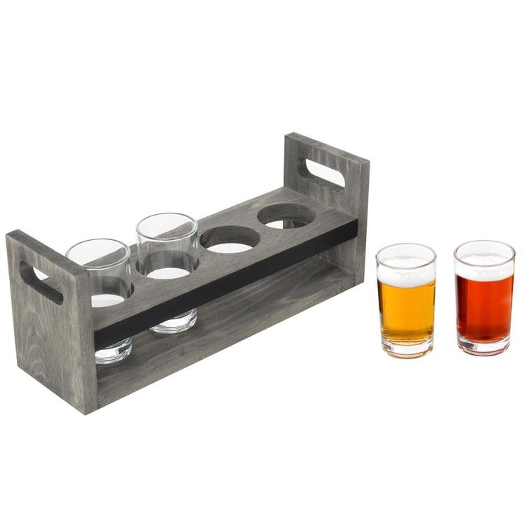 Vintage Gray Wood Beer Flight  5-Pc Tasting Set with Chalkboard Panels & 4 Tasting Glasses - Mygiftss Enterprise LLC