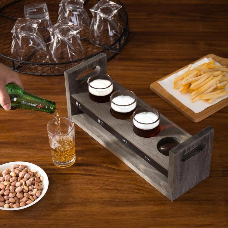 Vintage Gray Wood Beer Flight  5-Pc Tasting Set with Chalkboard Panels & 4 Tasting Glasses - Mygiftss Enterprise LLC